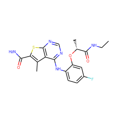 CCNC(=O)[C@@H](C)Oc1cc(F)ccc1Nc1ncnc2sc(C(N)=O)c(C)c12 ZINC000118821331