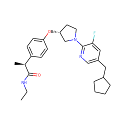 CCNC(=O)[C@@H](C)c1ccc(O[C@@H]2CCN(c3ncc(CC4CCCC4)cc3F)C2)cc1 ZINC001772601075