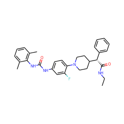 CCNC(=O)[C@@H](c1ccccc1)C1CCN(c2ccc(NC(=O)Nc3c(C)cccc3C)cc2F)CC1 ZINC000096272907