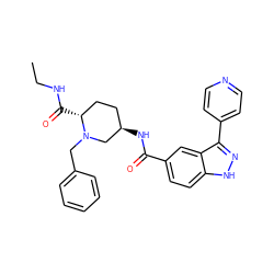 CCNC(=O)[C@@H]1CC[C@@H](NC(=O)c2ccc3[nH]nc(-c4ccncc4)c3c2)CN1Cc1ccccc1 ZINC000205027013