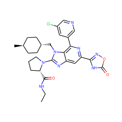 CCNC(=O)[C@@H]1CCCN1c1nc2cc(-c3noc(=O)[nH]3)nc(-c3cncc(Cl)c3)c2n1C[C@H]1CC[C@H](C)CC1 ZINC000261147424