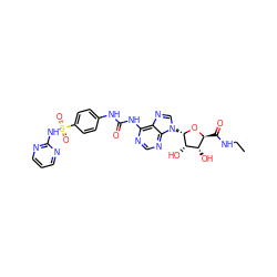 CCNC(=O)[C@@H]1O[C@@H](n2cnc3c(NC(=O)Nc4ccc(S(=O)(=O)Nc5ncccn5)cc4)ncnc32)[C@@H](O)[C@H]1O ZINC000036273944