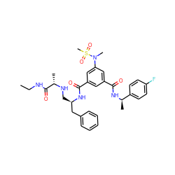 CCNC(=O)[C@H](C)NC[C@H](Cc1ccccc1)NC(=O)c1cc(C(=O)N[C@H](C)c2ccc(F)cc2)cc(N(C)S(C)(=O)=O)c1 ZINC000014961903