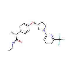 CCNC(=O)[C@H](C)c1ccc(O[C@@H]2CCN(c3cccc(C(F)(F)F)n3)C2)cc1 ZINC001772637722