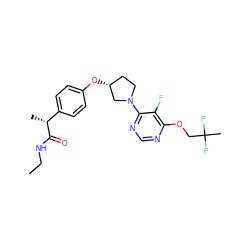 CCNC(=O)[C@H](C)c1ccc(O[C@@H]2CCN(c3ncnc(OCC(C)(F)F)c3F)C2)cc1 ZINC001772597423