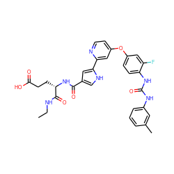 CCNC(=O)[C@H](CCC(=O)O)NC(=O)c1c[nH]c(-c2cc(Oc3ccc(NC(=O)Nc4cccc(C)c4)c(F)c3)ccn2)c1 ZINC000116235834