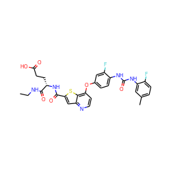 CCNC(=O)[C@H](CCC(=O)O)NC(=O)c1cc2nccc(Oc3ccc(NC(=O)Nc4cc(C)ccc4F)c(F)c3)c2s1 ZINC000220038068