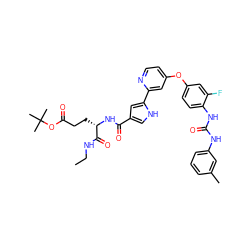 CCNC(=O)[C@H](CCC(=O)OC(C)(C)C)NC(=O)c1c[nH]c(-c2cc(Oc3ccc(NC(=O)Nc4cccc(C)c4)c(F)c3)ccn2)c1 ZINC000169699242