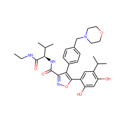 CCNC(=O)[C@H](NC(=O)c1noc(-c2cc(C(C)C)c(O)cc2O)c1-c1ccc(CN2CCOCC2)cc1)C(C)C ZINC001772583901