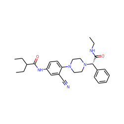 CCNC(=O)[C@H](c1ccccc1)N1CCN(c2ccc(NC(=O)C(CC)CC)cc2C#N)CC1 ZINC000072181003