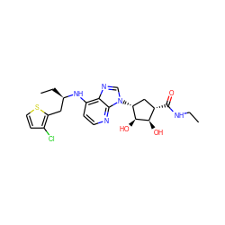 CCNC(=O)[C@H]1C[C@@H](n2cnc3c(N[C@H](CC)Cc4sccc4Cl)ccnc32)[C@H](O)[C@@H]1O ZINC000038192551