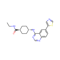 CCNC(=O)[C@H]1CC[C@H](Nc2ncnc3ccc(-c4cncs4)cc23)CC1 ZINC000299850612