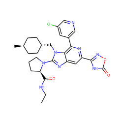 CCNC(=O)[C@H]1CCCN1c1nc2cc(-c3noc(=O)[nH]3)nc(-c3cncc(Cl)c3)c2n1C[C@H]1CC[C@H](C)CC1 ZINC000261147423