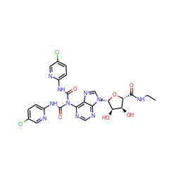 CCNC(=O)[C@H]1O[C@@H](n2cnc3c(N(C(=O)Nc4ccc(Cl)cn4)C(=O)Nc4ccc(Cl)cn4)ncnc32)[C@H](O)[C@@H]1O ZINC000028569581