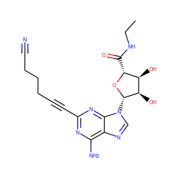 CCNC(=O)[C@H]1O[C@@H](n2cnc3c(N)nc(C#CCCCC#N)nc32)[C@H](O)[C@@H]1O ZINC000012405634