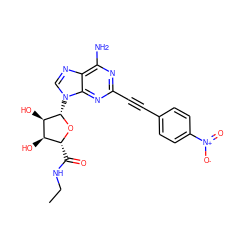 CCNC(=O)[C@H]1O[C@@H](n2cnc3c(N)nc(C#Cc4ccc([N+](=O)[O-])cc4)nc32)[C@H](O)[C@@H]1O ZINC000012405833