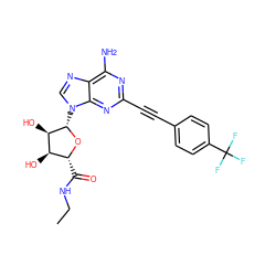 CCNC(=O)[C@H]1O[C@@H](n2cnc3c(N)nc(C#Cc4ccc(C(F)(F)F)cc4)nc32)[C@H](O)[C@@H]1O ZINC000012405826