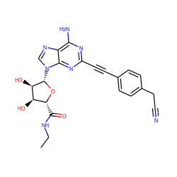 CCNC(=O)[C@H]1O[C@@H](n2cnc3c(N)nc(C#Cc4ccc(CC#N)cc4)nc32)[C@H](O)[C@@H]1O ZINC000012405822