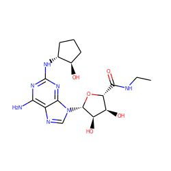 CCNC(=O)[C@H]1O[C@@H](n2cnc3c(N)nc(N[C@@H]4CCC[C@H]4O)nc32)[C@H](O)[C@@H]1O ZINC000027323493