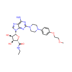 CCNC(=O)[C@H]1O[C@@H](n2cnc3c(N)nc(N4CCN(c5ccc(OCCOC)cc5)CC4)nc32)[C@H](O)[C@@H]1O ZINC000299856948