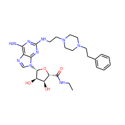 CCNC(=O)[C@H]1O[C@@H](n2cnc3c(N)nc(NCCN4CCN(CCc5ccccc5)CC4)nc32)[C@H](O)[C@@H]1O ZINC000299858359