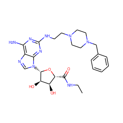 CCNC(=O)[C@H]1O[C@@H](n2cnc3c(N)nc(NCCN4CCN(Cc5ccccc5)CC4)nc32)[C@H](O)[C@@H]1O ZINC000299861140