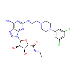 CCNC(=O)[C@H]1O[C@@H](n2cnc3c(N)nc(NCCN4CCN(c5cc(Cl)cc(Cl)c5)CC4)nc32)[C@H](O)[C@@H]1O ZINC000299856975