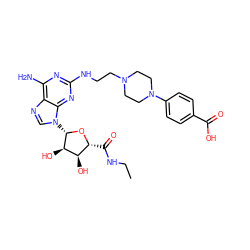 CCNC(=O)[C@H]1O[C@@H](n2cnc3c(N)nc(NCCN4CCN(c5ccc(C(=O)O)cc5)CC4)nc32)[C@H](O)[C@@H]1O ZINC000299857562