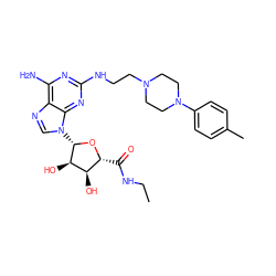 CCNC(=O)[C@H]1O[C@@H](n2cnc3c(N)nc(NCCN4CCN(c5ccc(C)cc5)CC4)nc32)[C@H](O)[C@@H]1O ZINC000299864737