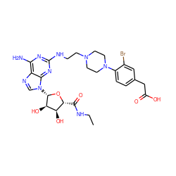 CCNC(=O)[C@H]1O[C@@H](n2cnc3c(N)nc(NCCN4CCN(c5ccc(CC(=O)O)cc5Br)CC4)nc32)[C@H](O)[C@@H]1O ZINC000299863218