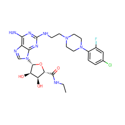 CCNC(=O)[C@H]1O[C@@H](n2cnc3c(N)nc(NCCN4CCN(c5ccc(Cl)cc5F)CC4)nc32)[C@H](O)[C@@H]1O ZINC000299860598