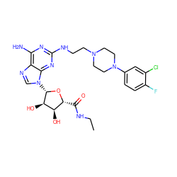 CCNC(=O)[C@H]1O[C@@H](n2cnc3c(N)nc(NCCN4CCN(c5ccc(F)c(Cl)c5)CC4)nc32)[C@H](O)[C@@H]1O ZINC000299863024