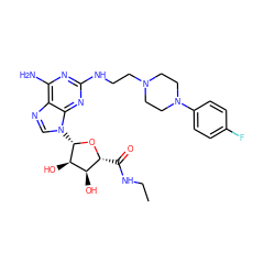 CCNC(=O)[C@H]1O[C@@H](n2cnc3c(N)nc(NCCN4CCN(c5ccc(F)cc5)CC4)nc32)[C@H](O)[C@@H]1O ZINC000299865942