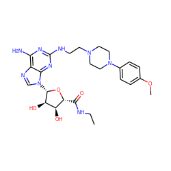 CCNC(=O)[C@H]1O[C@@H](n2cnc3c(N)nc(NCCN4CCN(c5ccc(OC)cc5)CC4)nc32)[C@H](O)[C@@H]1O ZINC000299862262