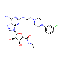 CCNC(=O)[C@H]1O[C@@H](n2cnc3c(N)nc(NCCN4CCN(c5cccc(Cl)c5)CC4)nc32)[C@H](O)[C@@H]1O ZINC000299859156