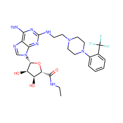 CCNC(=O)[C@H]1O[C@@H](n2cnc3c(N)nc(NCCN4CCN(c5ccccc5C(F)(F)F)CC4)nc32)[C@H](O)[C@@H]1O ZINC000299867398