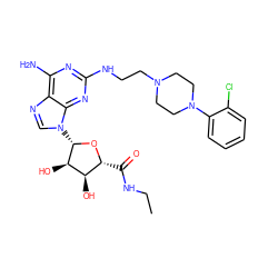 CCNC(=O)[C@H]1O[C@@H](n2cnc3c(N)nc(NCCN4CCN(c5ccccc5Cl)CC4)nc32)[C@H](O)[C@@H]1O ZINC000299860906