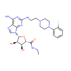 CCNC(=O)[C@H]1O[C@@H](n2cnc3c(N)nc(NCCN4CCN(c5ccccc5F)CC4)nc32)[C@H](O)[C@@H]1O ZINC000299866514