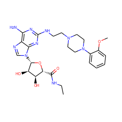 CCNC(=O)[C@H]1O[C@@H](n2cnc3c(N)nc(NCCN4CCN(c5ccccc5OC)CC4)nc32)[C@H](O)[C@@H]1O ZINC000299863197