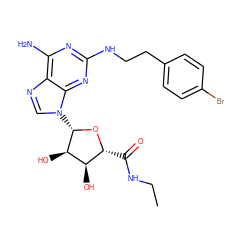 CCNC(=O)[C@H]1O[C@@H](n2cnc3c(N)nc(NCCc4ccc(Br)cc4)nc32)[C@H](O)[C@@H]1O ZINC000084654550