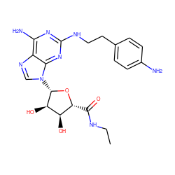 CCNC(=O)[C@H]1O[C@@H](n2cnc3c(N)nc(NCCc4ccc(N)cc4)nc32)[C@H](O)[C@@H]1O ZINC000084654547