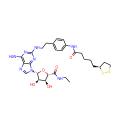 CCNC(=O)[C@H]1O[C@@H](n2cnc3c(N)nc(NCCc4ccc(NC(=O)CCCC[C@H]5CCSS5)cc4)nc32)[C@H](O)[C@@H]1O ZINC000084708377