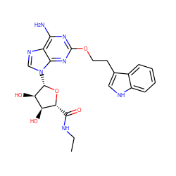 CCNC(=O)[C@H]1O[C@@H](n2cnc3c(N)nc(OCCc4c[nH]c5ccccc45)nc32)[C@H](O)[C@@H]1O ZINC000028635778