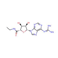 CCNC(=O)[C@H]1O[C@@H](n2cnc3c(N=C(N)N)ncnc32)[C@H](O)[C@@H]1O ZINC000028636726