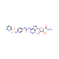 CCNC(=O)[C@H]1O[C@@H](n2cnc3c(NC(=O)Nc4ccc(NS(=O)(=O)c5ccccn5)cc4)ncnc32)[C@H](O)[C@@H]1O ZINC000049771688