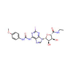 CCNC(=O)[C@H]1O[C@@H](n2cnc3c(NC(=O)Nc4ccc(OC)cc4)nc(I)nc32)[C@H](O)[C@@H]1O ZINC000028571949