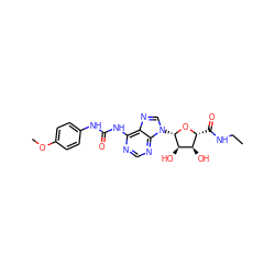 CCNC(=O)[C@H]1O[C@@H](n2cnc3c(NC(=O)Nc4ccc(OC)cc4)ncnc32)[C@H](O)[C@@H]1O ZINC000012405933