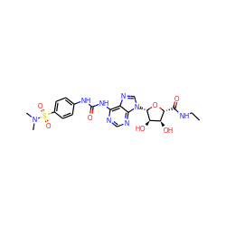 CCNC(=O)[C@H]1O[C@@H](n2cnc3c(NC(=O)Nc4ccc(S(=O)(=O)N(C)C)cc4)ncnc32)[C@H](O)[C@@H]1O ZINC000049774264