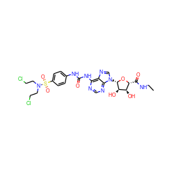 CCNC(=O)[C@H]1O[C@@H](n2cnc3c(NC(=O)Nc4ccc(S(=O)(=O)N(CCCl)CCCl)cc4)ncnc32)[C@H](O)[C@@H]1O ZINC000049792545