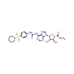 CCNC(=O)[C@H]1O[C@@H](n2cnc3c(NC(=O)Nc4ccc(S(=O)(=O)N5CCCCC5)cc4)ncnc32)[C@H](O)[C@@H]1O ZINC000049771923